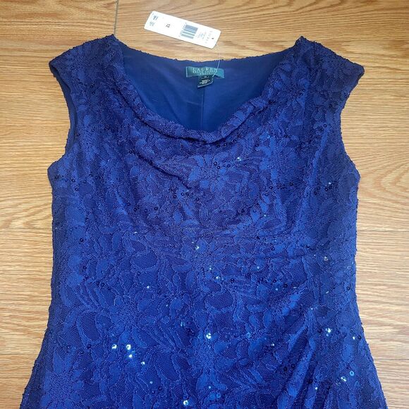 Ralph Lauren Women's Formal Dress Size 12 Navy Blue Sequins Cowl Neck New W Tags - Picture 4 of 16